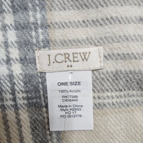 New J. Crew Acrylic Plaid Blanket Scarf Grey and Tan with Fringe 34X72 - Picture 2 of 6